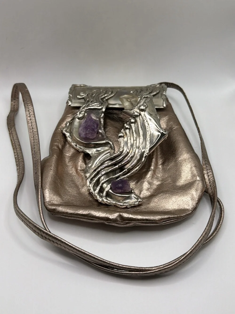 Metallic Bronze Crossbody Bag with Silver Sculptural Accent and Amethyst Details